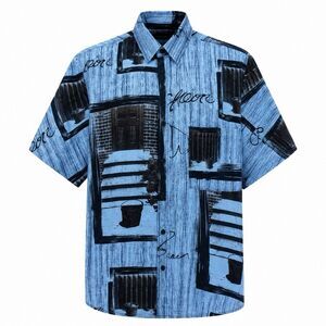 Vintage PURE Silk Camp Shirt Mens Sz L Blue & Black Artistic Print Y2k 90s EVC